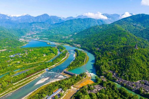 ancient irrigation engineering at Dujiangyan on a Green China educational tour